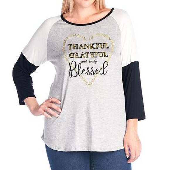 Thankful Grateful and Truly Blessed Plus Size Gold Foil Heart Color Block Black - Picture 1 of 5